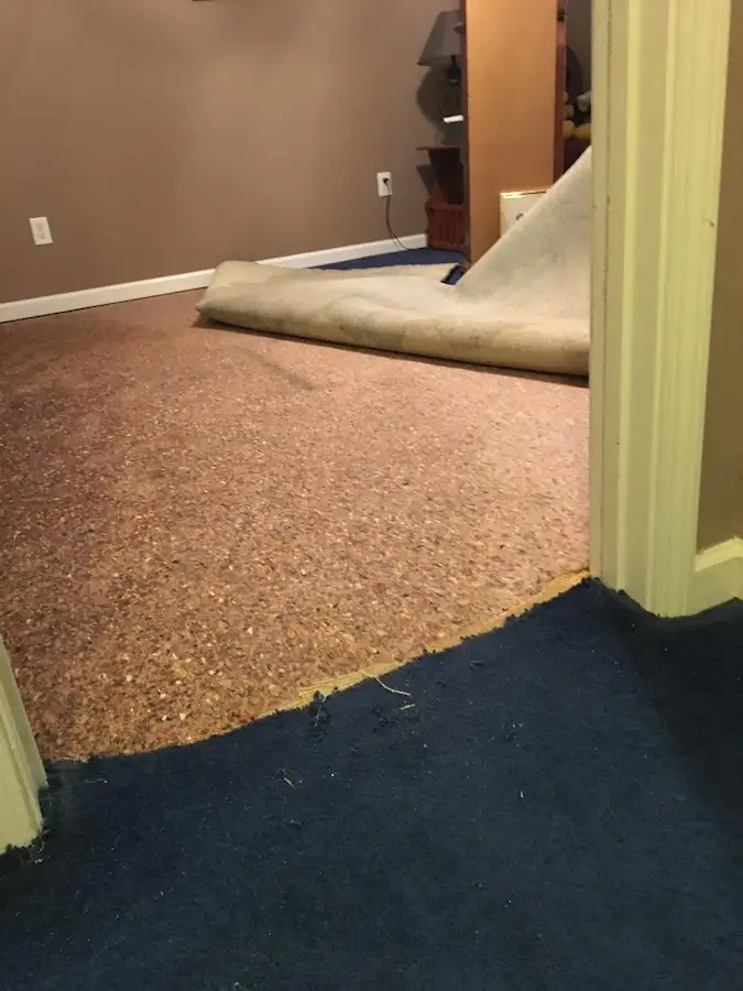 Carpet pad removal revealing water damage during Water Mitigation Services in Marianna